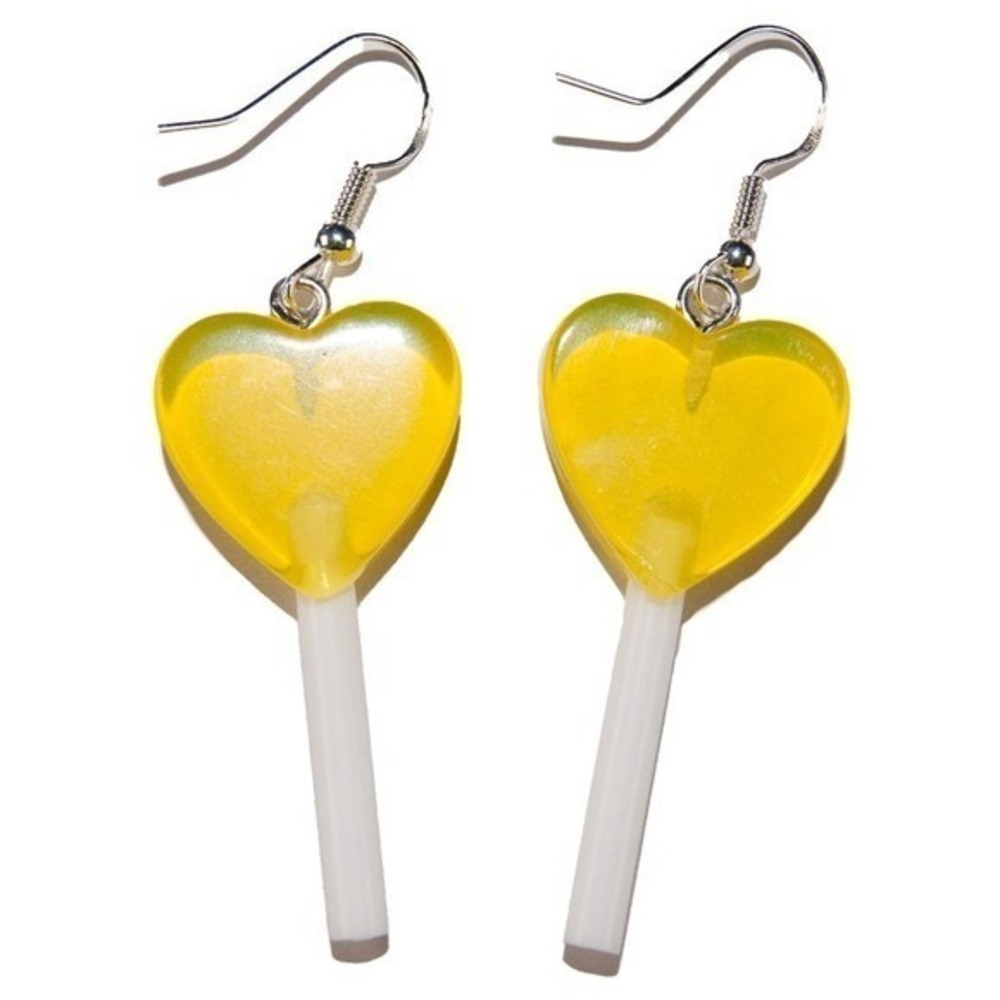 Yellow Lollipop Candy Sucker Heart Earrings Resin Hypoallergenic